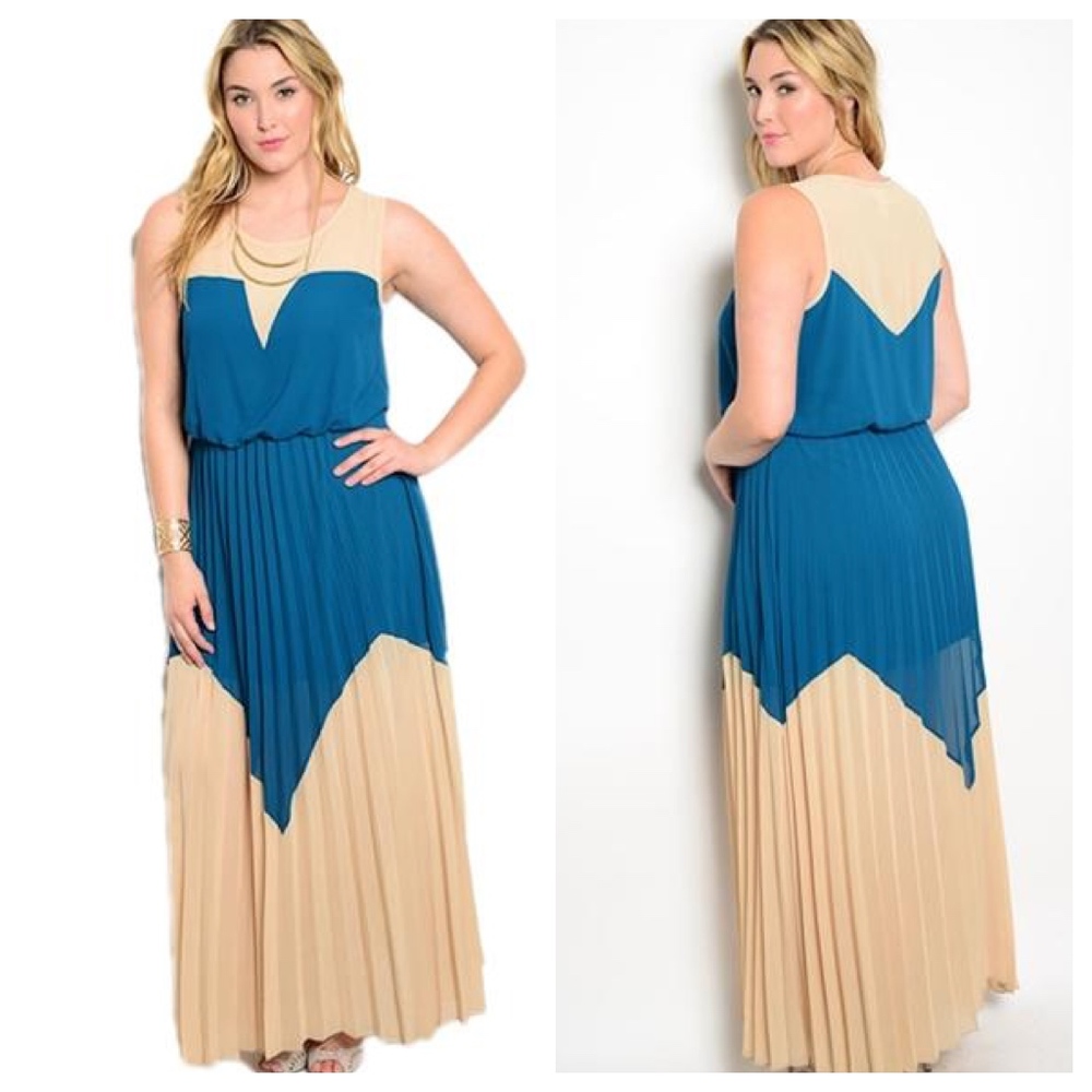 Plus Size Teal and Beige Chiffon Maxi Dress